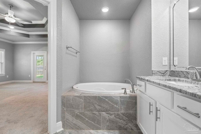591 Nowak Rd, Cantonment, FL 32533 - bathroom featuring vanity, ceiling fan, a bath, a textured wall, and crown molding