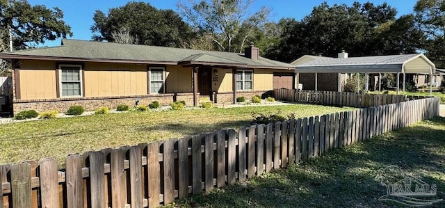 single story home featuring a chimney, a front yard, and fence private yard