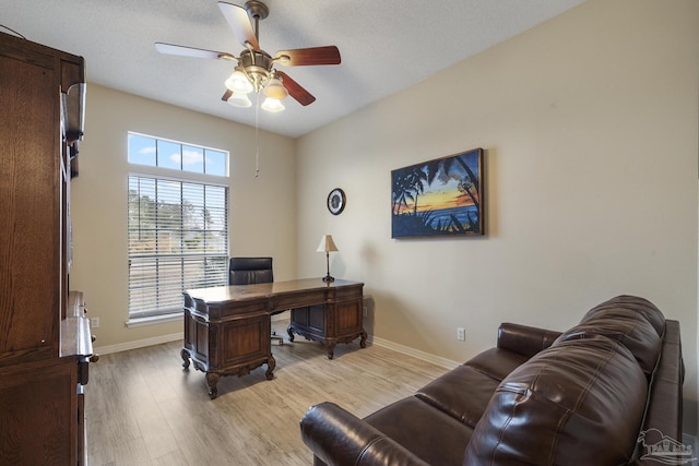 office space featuring light hardwood / wood-style floors, ceiling fan, and a textured ceiling