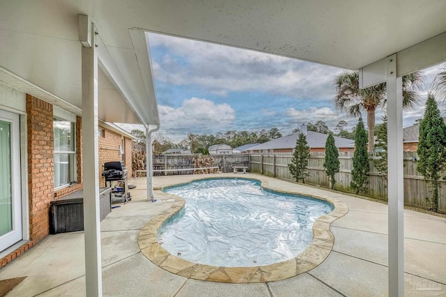 view of pool featuring area for grilling and a patio area