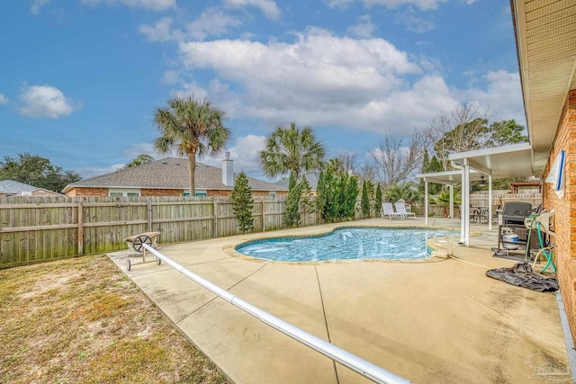 view of swimming pool featuring a patio and a grill