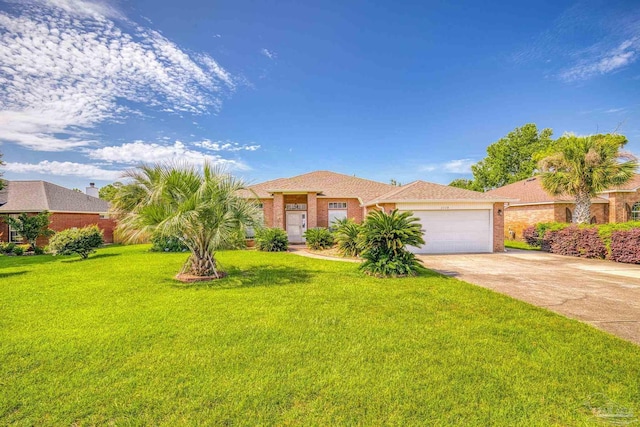 view of front of house with a front yard and a garage