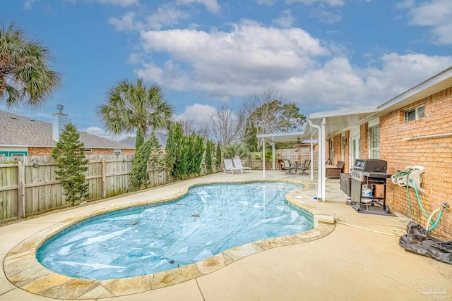 view of swimming pool with area for grilling and a patio