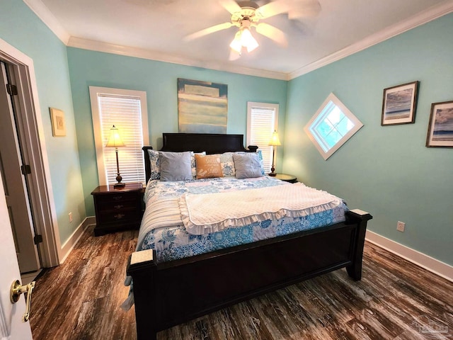 bedroom with a ceiling fan, baseboards, wood finished floors, and ornamental molding