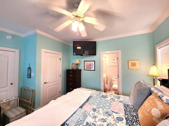 bedroom with ensuite bath, ceiling fan, and crown molding