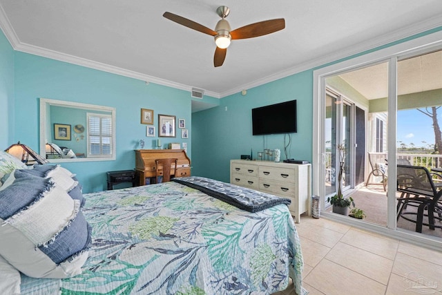 4050 Indigo Dr Unit 102, Pensacola, FL 32507 - bedroom featuring access to exterior, ornamental molding, a ceiling fan, and tile patterned flooring