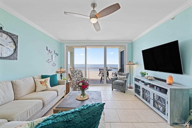 4050 Indigo Dr Unit 102, Pensacola, FL 32507 - living room featuring ornamental molding, ceiling fan, and light tile patterned floors