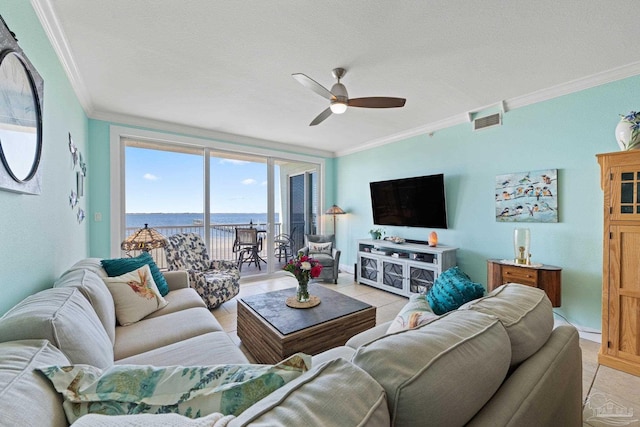 4050 Indigo Dr Unit 102, Pensacola, FL 32507 - living room featuring ceiling fan, crown molding, and light tile patterned floors