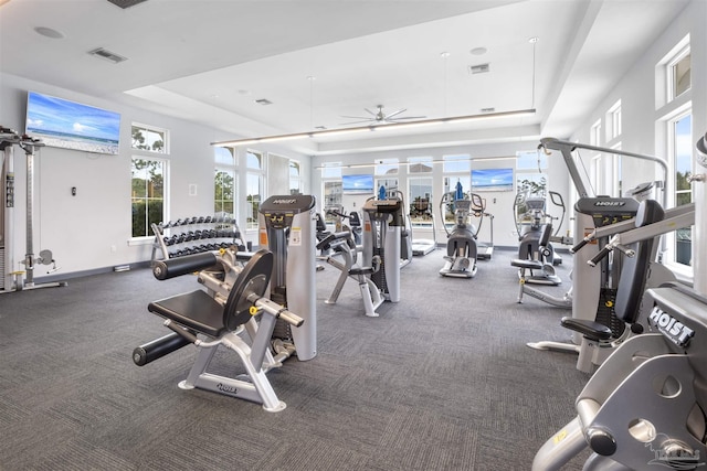 gym featuring a raised ceiling and ceiling fan