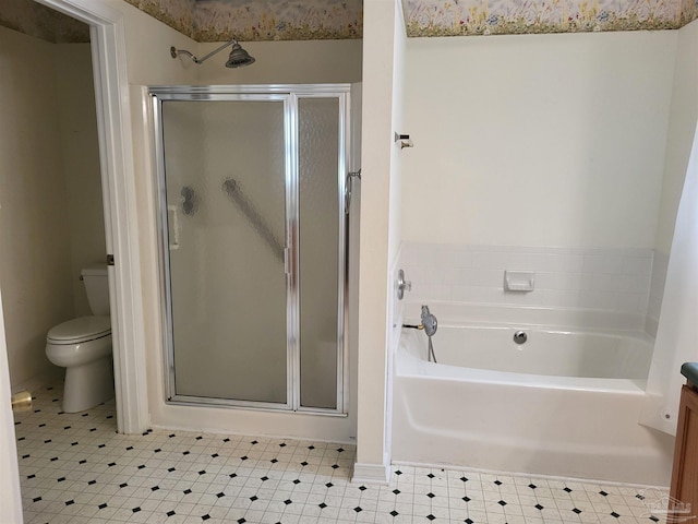 full bathroom with vanity, toilet, and independent shower and bath