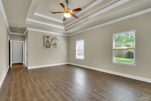 unfurnished room featuring ornamental molding, ceiling fan, a raised ceiling, and a healthy amount of sunlight