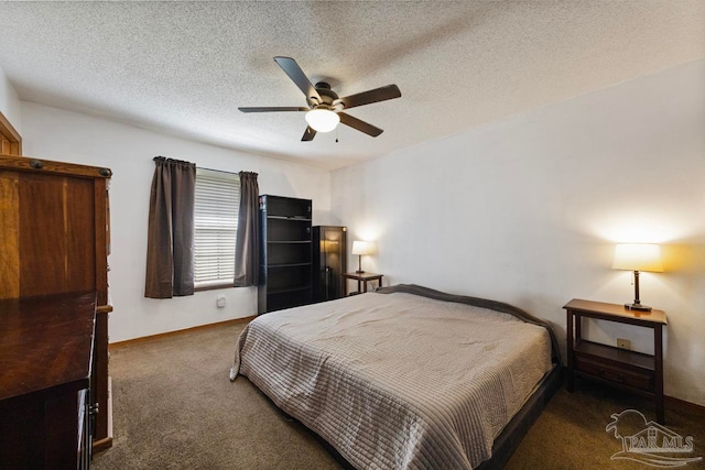 bedroom with carpet floors, a ceiling fan, a textured ceiling, and baseboards