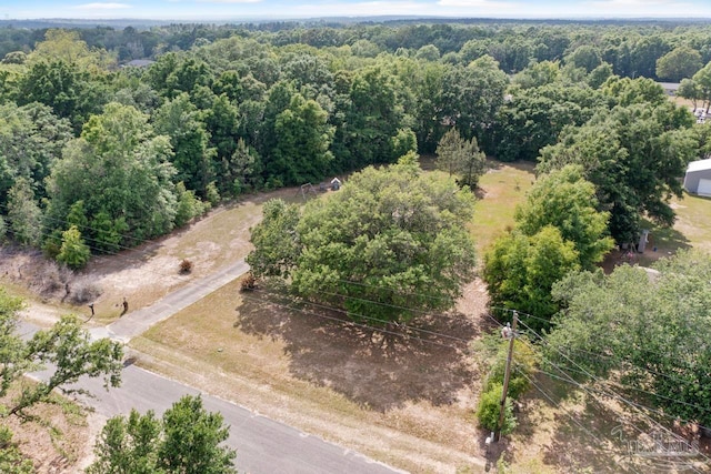 bird's eye view featuring a wooded view