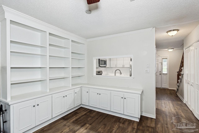 unfurnished office featuring crown molding, dark hardwood / wood-style flooring, sink, and a textured ceiling