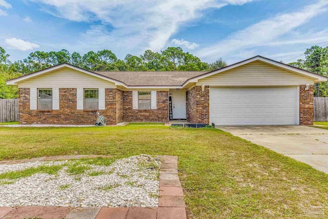 ranch-style house with a front yard and a garage