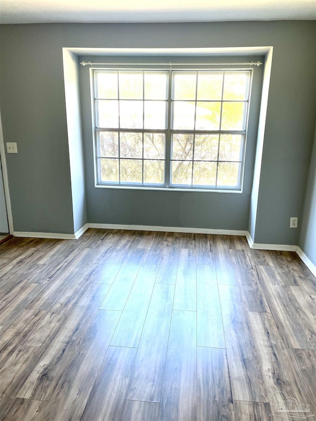 unfurnished room with plenty of natural light, baseboards, and wood finished floors