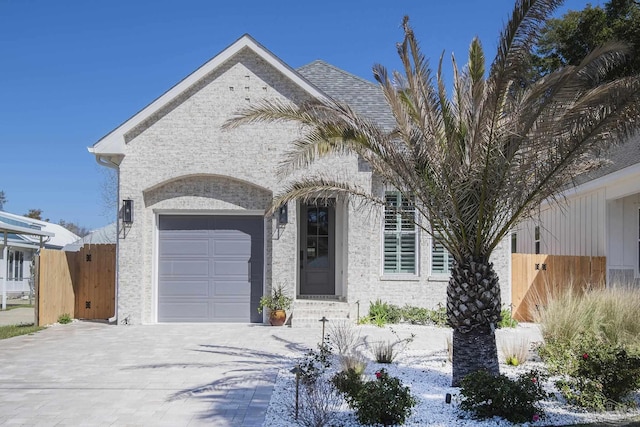 view of front of home featuring stucco siding, an attached garage, driveway, and fence