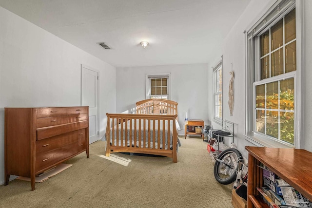 carpeted bedroom featuring multiple windows