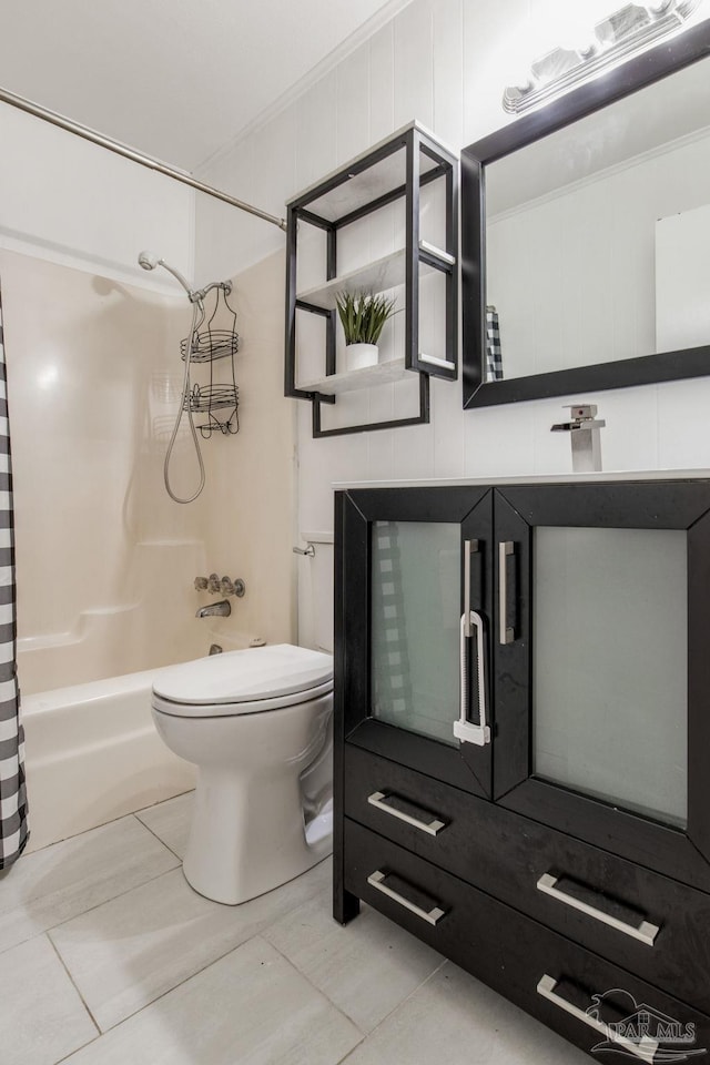 6845 Trail Ride S, Milton, FL 32570 - full bath with toilet, shower / bath combination with curtain, vanity, and tile patterned flooring