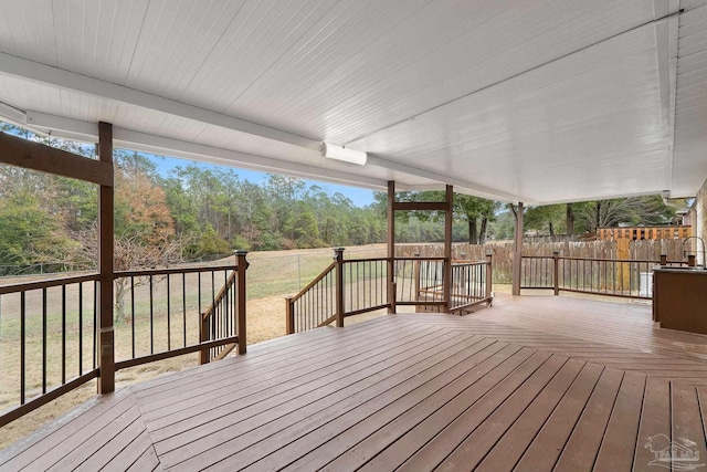 wooden deck with a fenced backyard