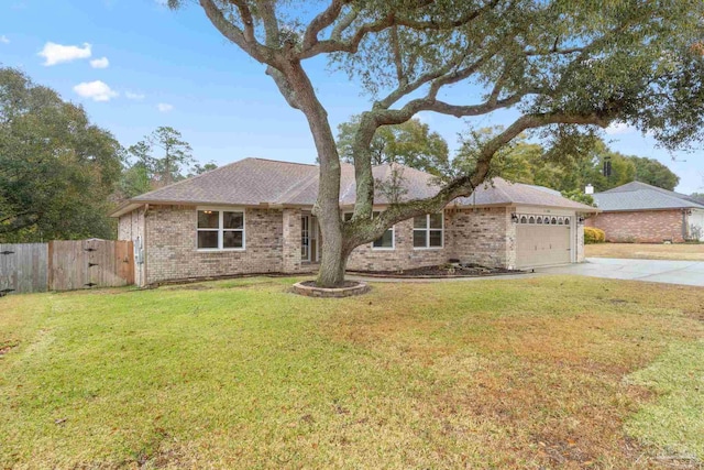 single story home featuring a front lawn, driveway, fence, a garage, and brick siding