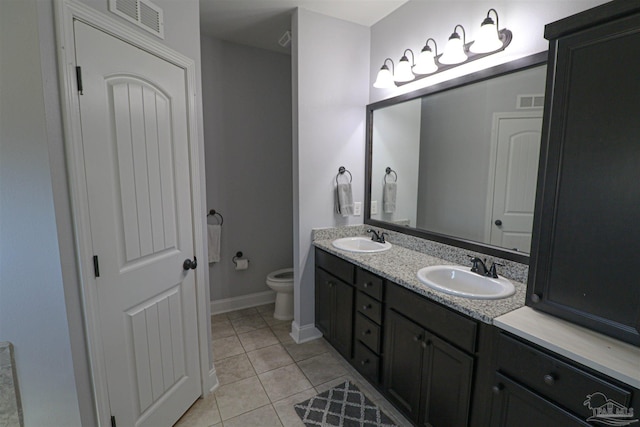 bathroom with toilet, tile patterned floors, and vanity