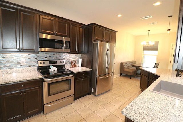 kitchen with pendant lighting, stainless steel appliances, an inviting chandelier, sink, and backsplash