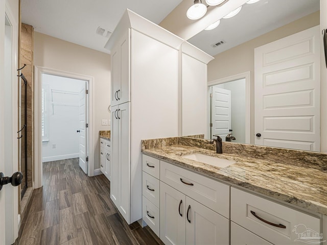 bathroom featuring hardwood / wood-style flooring and vanity