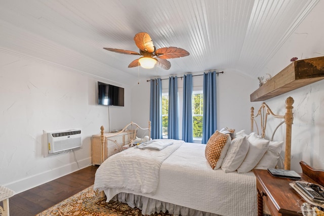 bedroom with dark hardwood / wood-style flooring, lofted ceiling, an AC wall unit, and ceiling fan