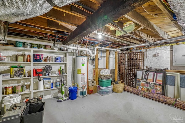 basement featuring water heater and electric panel