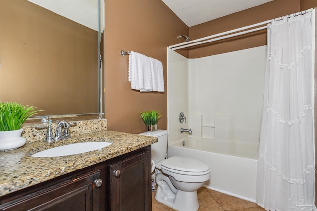 full bathroom featuring tile patterned flooring, vanity, toilet, and shower / bathtub combination with curtain