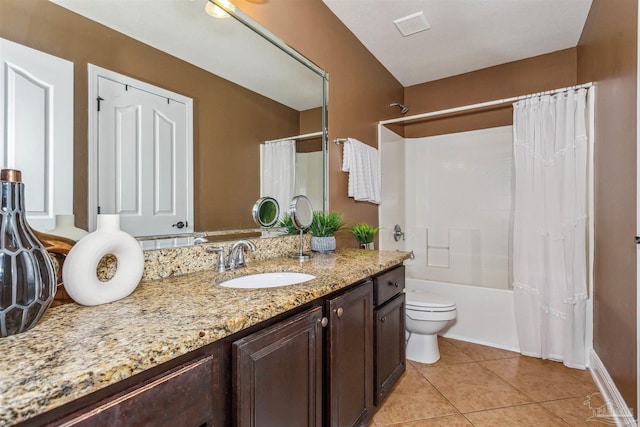 full bath with vanity, visible vents, tile patterned flooring, shower / bath combination with curtain, and toilet