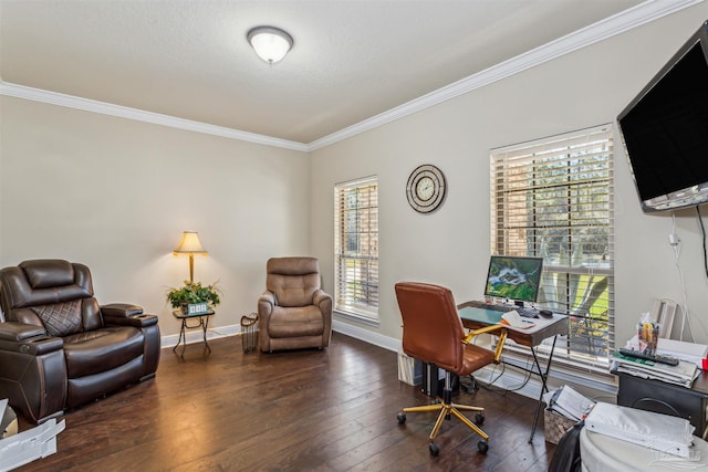 office area with hardwood / wood-style floors, crown molding, and baseboards