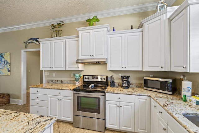 kitchen featuring appliances with stainless steel finishes, white cabinetry, crown molding, and under cabinet range hood