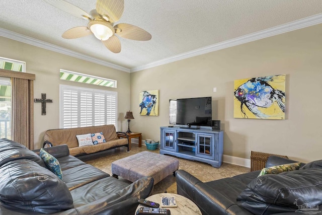 tiled living room with a textured ceiling, a wealth of natural light, and crown molding