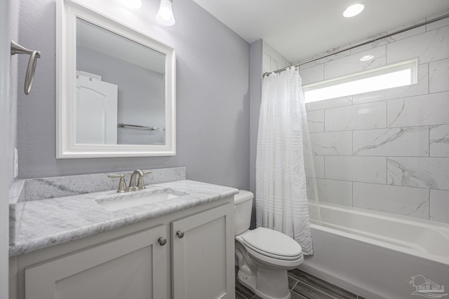 9074 Byrom Campbell Rd, Pace, FL 32571 - bathroom with toilet, vanity, and shower / tub combo with curtain