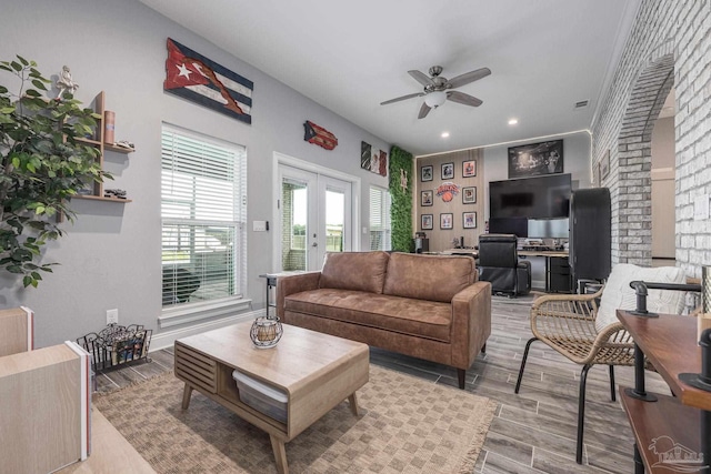 9074 Byrom Campbell Rd, Pace, FL 32571 - living area featuring french doors, ceiling fan, wood finished floors, recessed lighting, and a desk