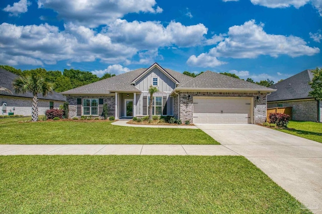 view of front facade with a front lawn, driveway, board and batten siding, and an attached garage