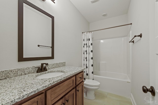 bathroom with tile patterned flooring, shower / tub combo with curtain, toilet, and vanity