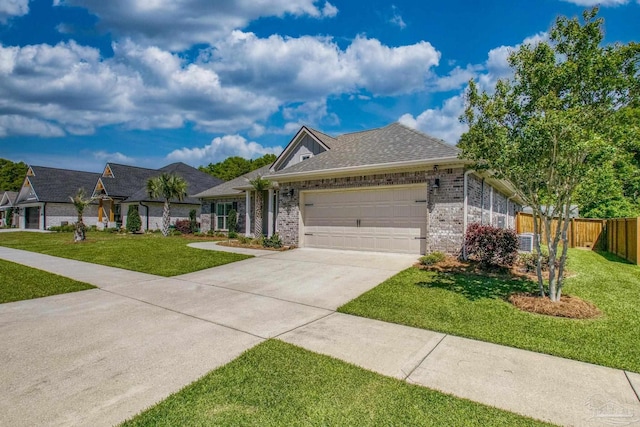 view of front of home featuring fence, driveway, a front yard, and a garage