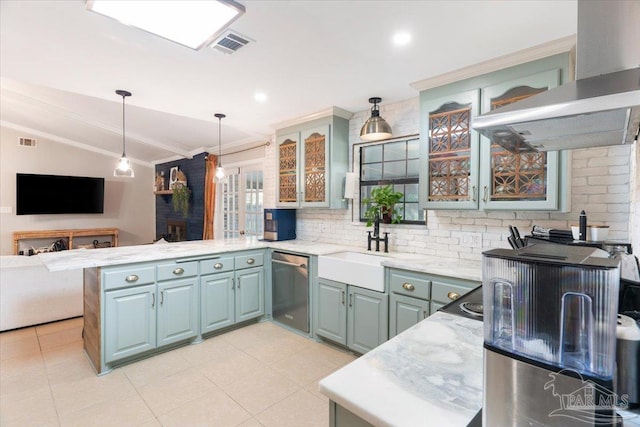 kitchen featuring dishwasher, crown molding, hanging light fixtures, kitchen peninsula, and island exhaust hood