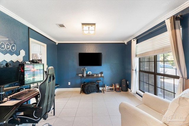 tiled office space featuring crown molding