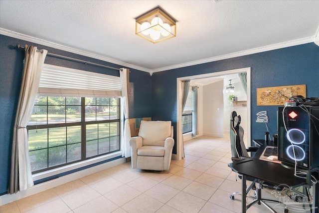 tiled home office featuring a textured ceiling and crown molding