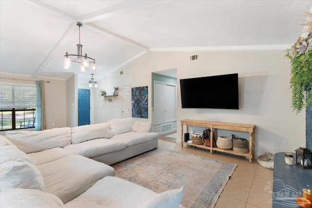 tiled living room featuring vaulted ceiling with beams and an inviting chandelier