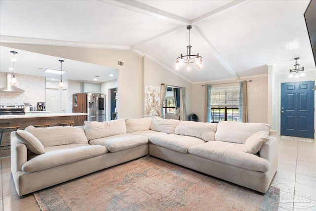 living room featuring light tile patterned floors, vaulted ceiling with beams, crown molding, and a notable chandelier