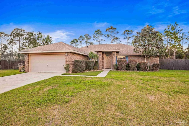 view of front facade with an attached garage, brick siding, fence, concrete driveway, and a front yard