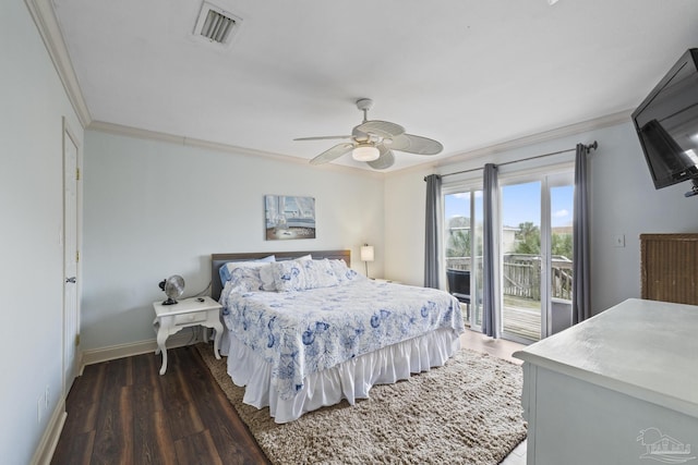 bedroom featuring dark wood-type flooring, access to outside, ornamental molding, and ceiling fan