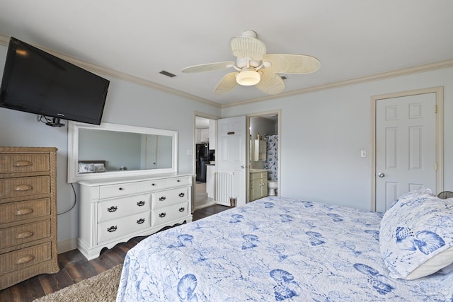 bedroom with ceiling fan, ornamental molding, dark hardwood / wood-style flooring, and ensuite bath