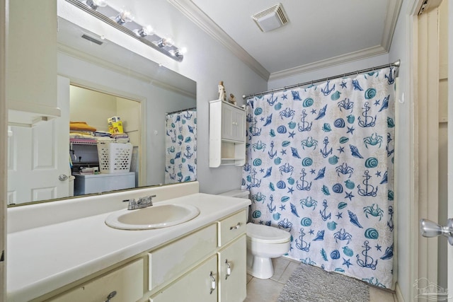 bathroom with toilet, ornamental molding, vanity, curtained shower, and tile patterned flooring