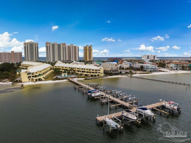 birds eye view of property featuring a water view